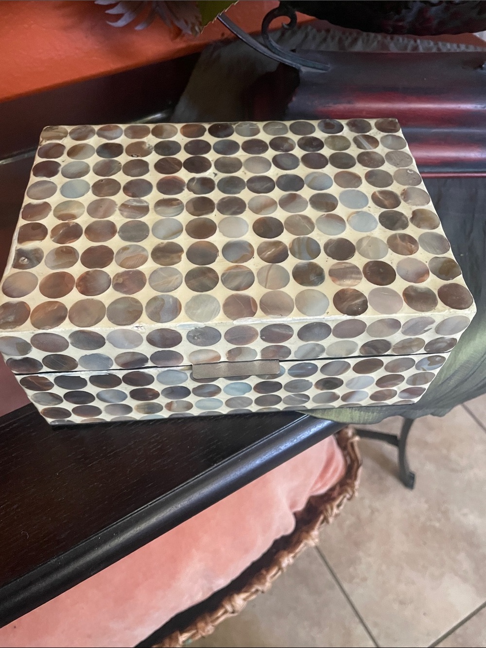 Shell Inlay Rectangle Jewelry Box - Neutral Brown & Cream Dot Pattern